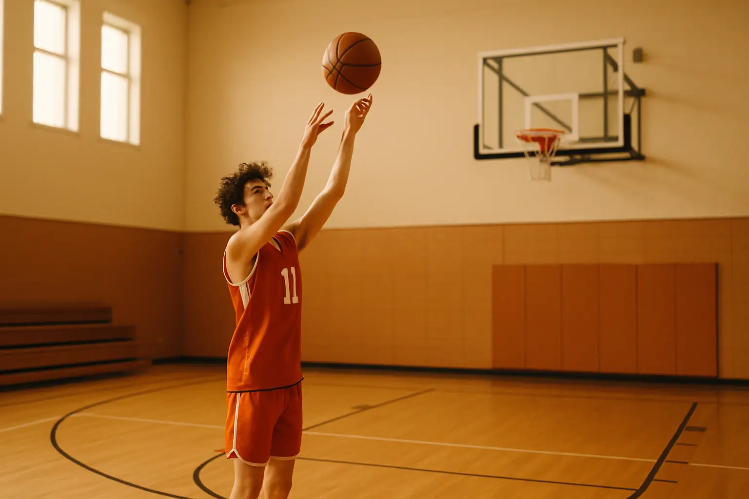A young basketball forward shooting a jump shot in an empty gymnasium with orange lighting