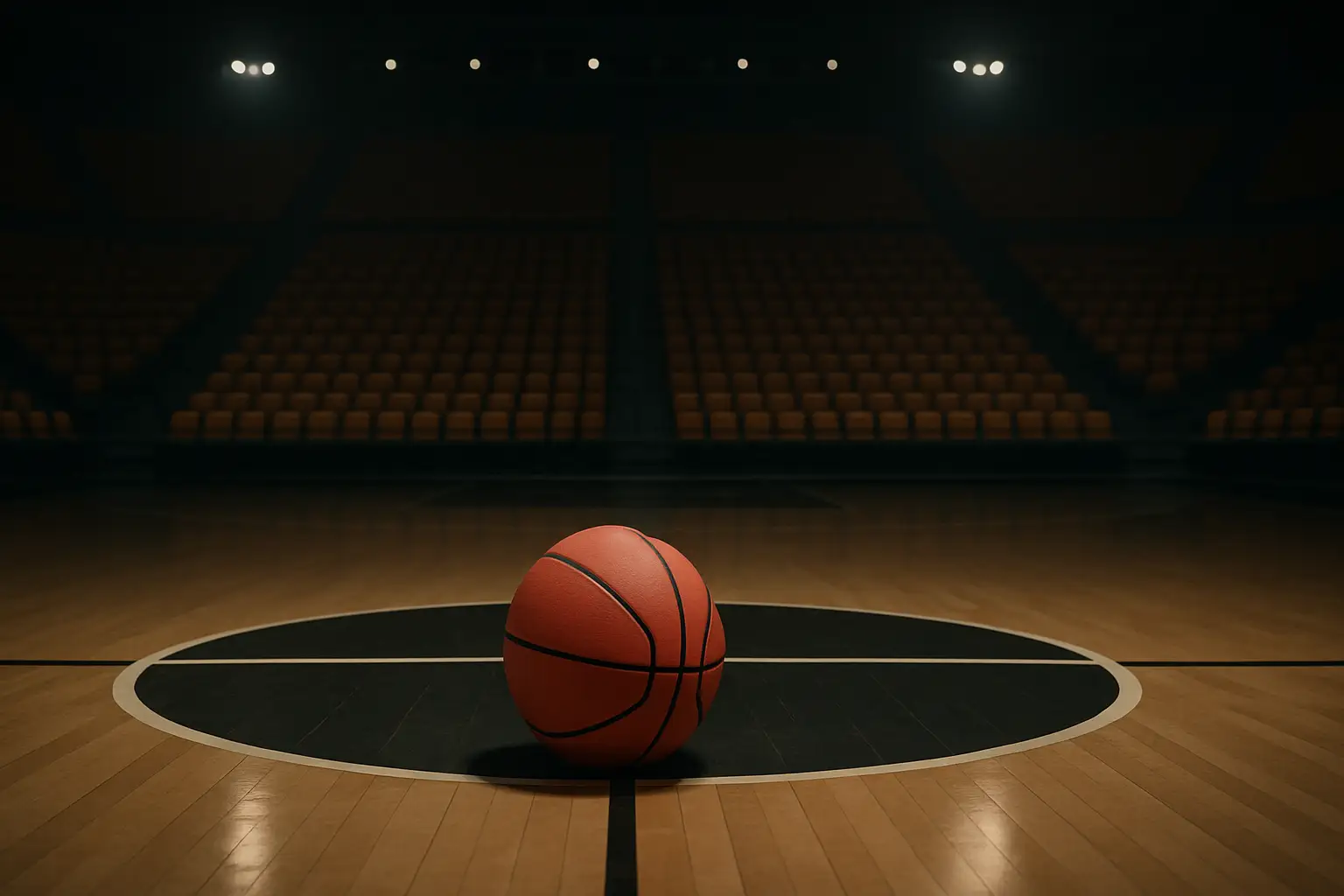 A basketball sitting on a hardwood court with empty stadium seats in the background