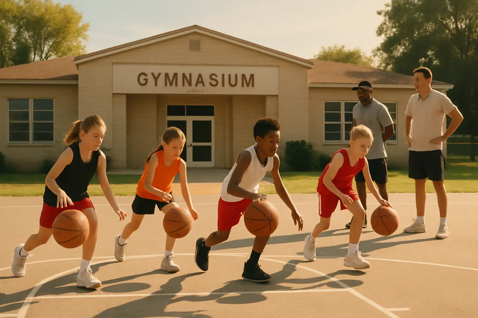 Young basketball players practicing drills on an outdoor court during a summer camp
