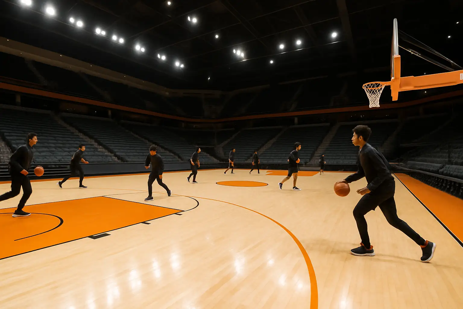 Tennessee Volunteers basketball team warming up on an indoor court under bright arena lights