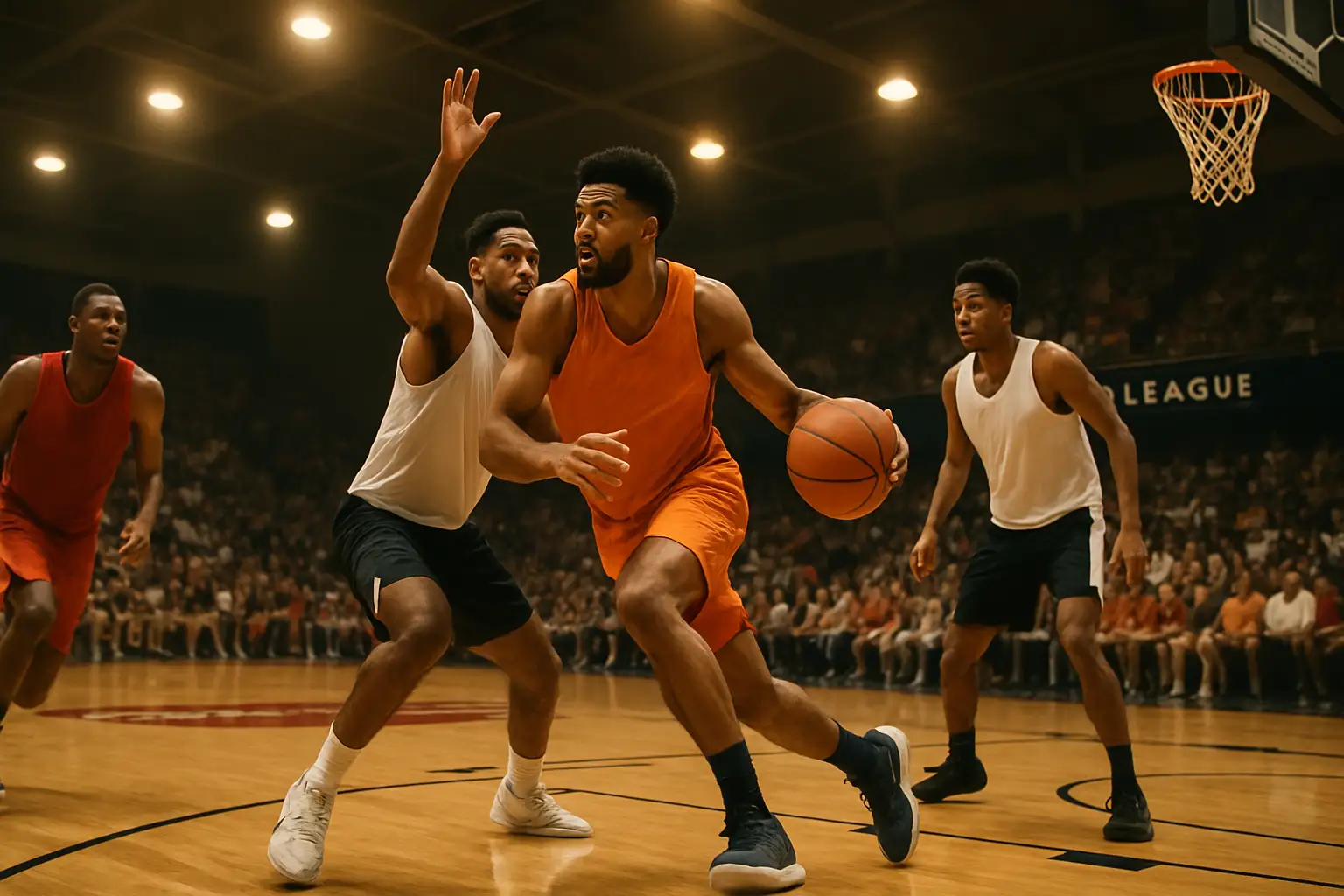 College basketball players competing in a summer league game on a bright indoor court