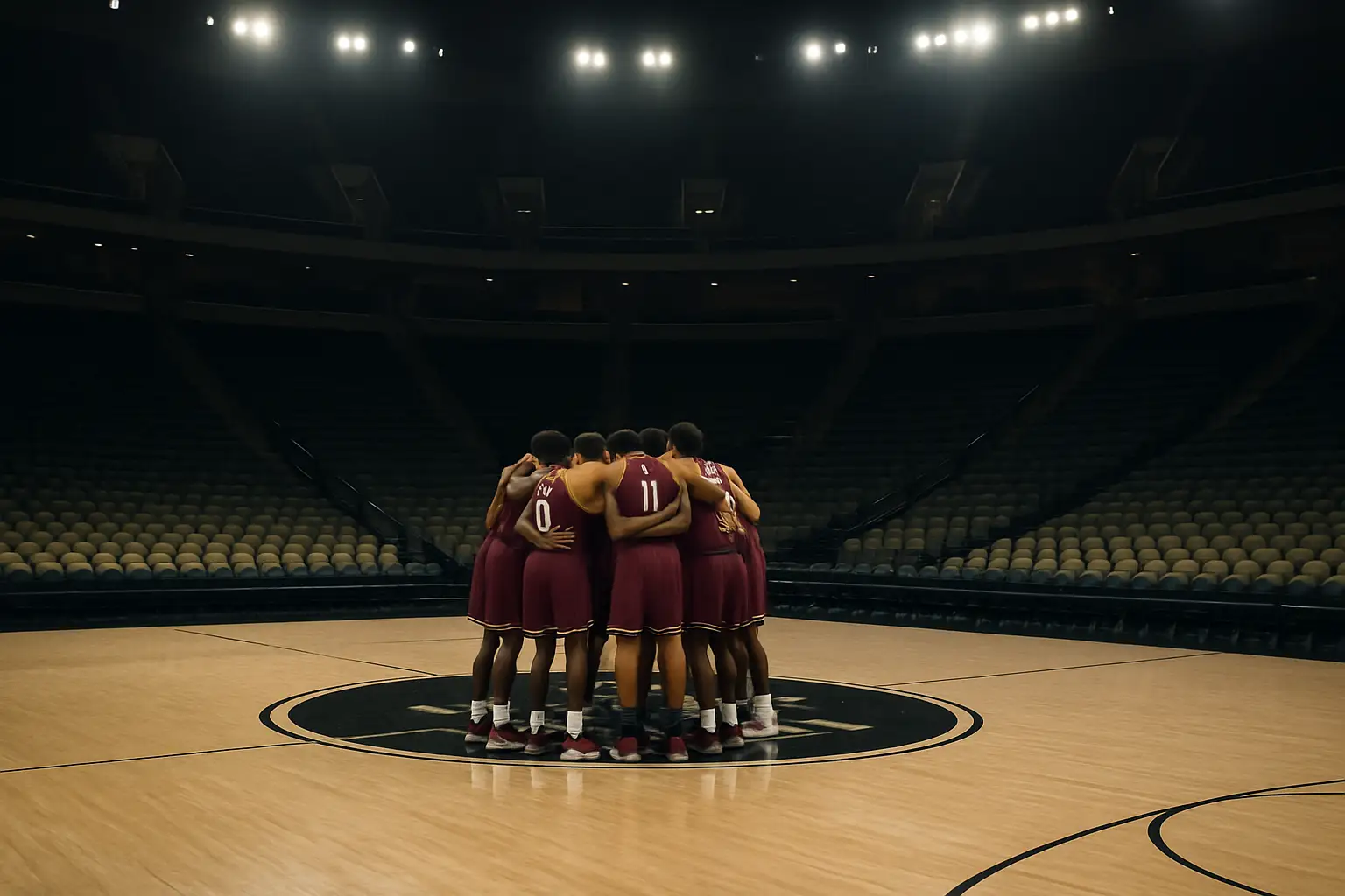 Texas A&M basketball players in a team huddle on a college arena court
