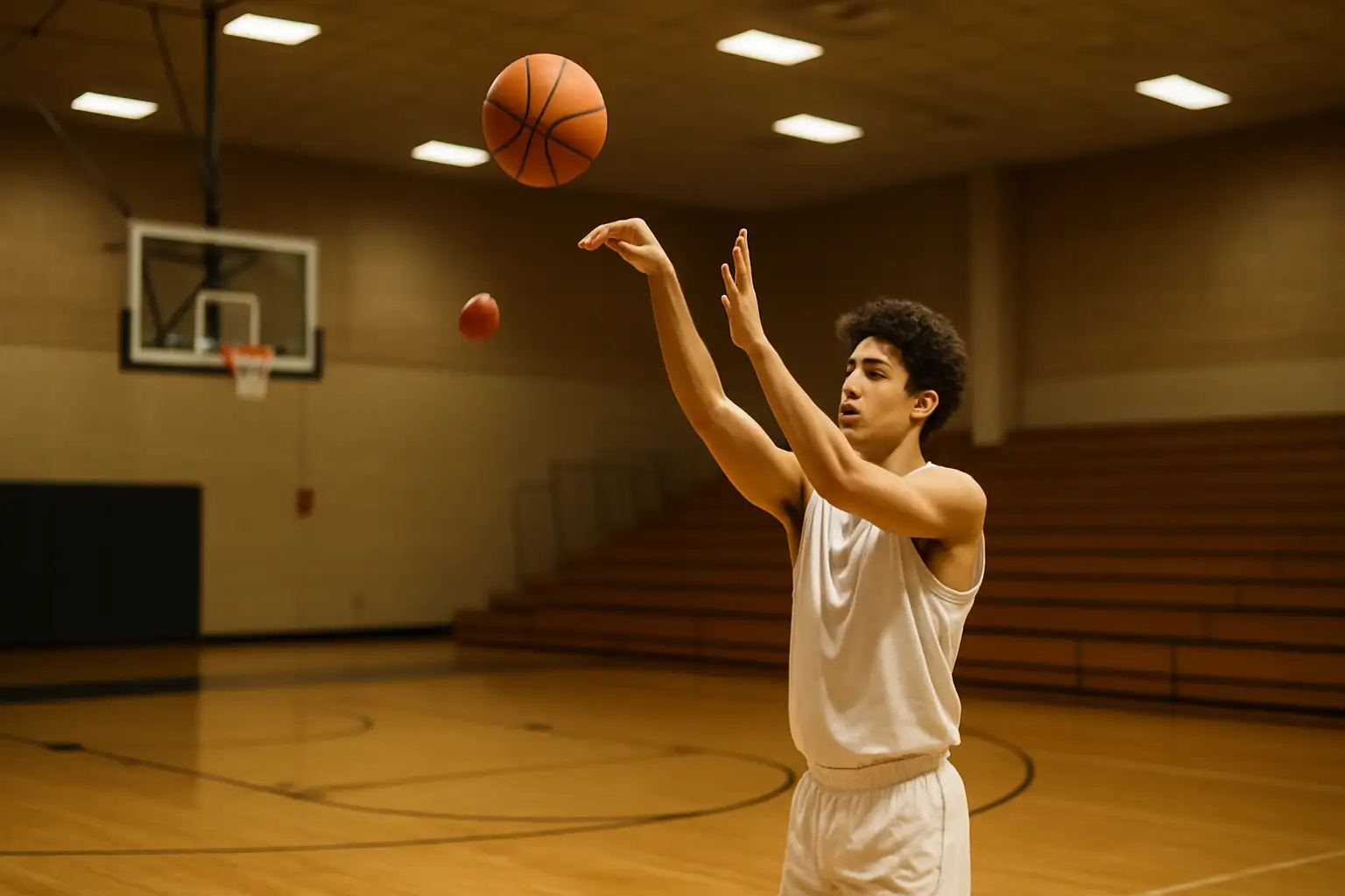 A college basketball guard practicing perimeter shooting in an empty gym