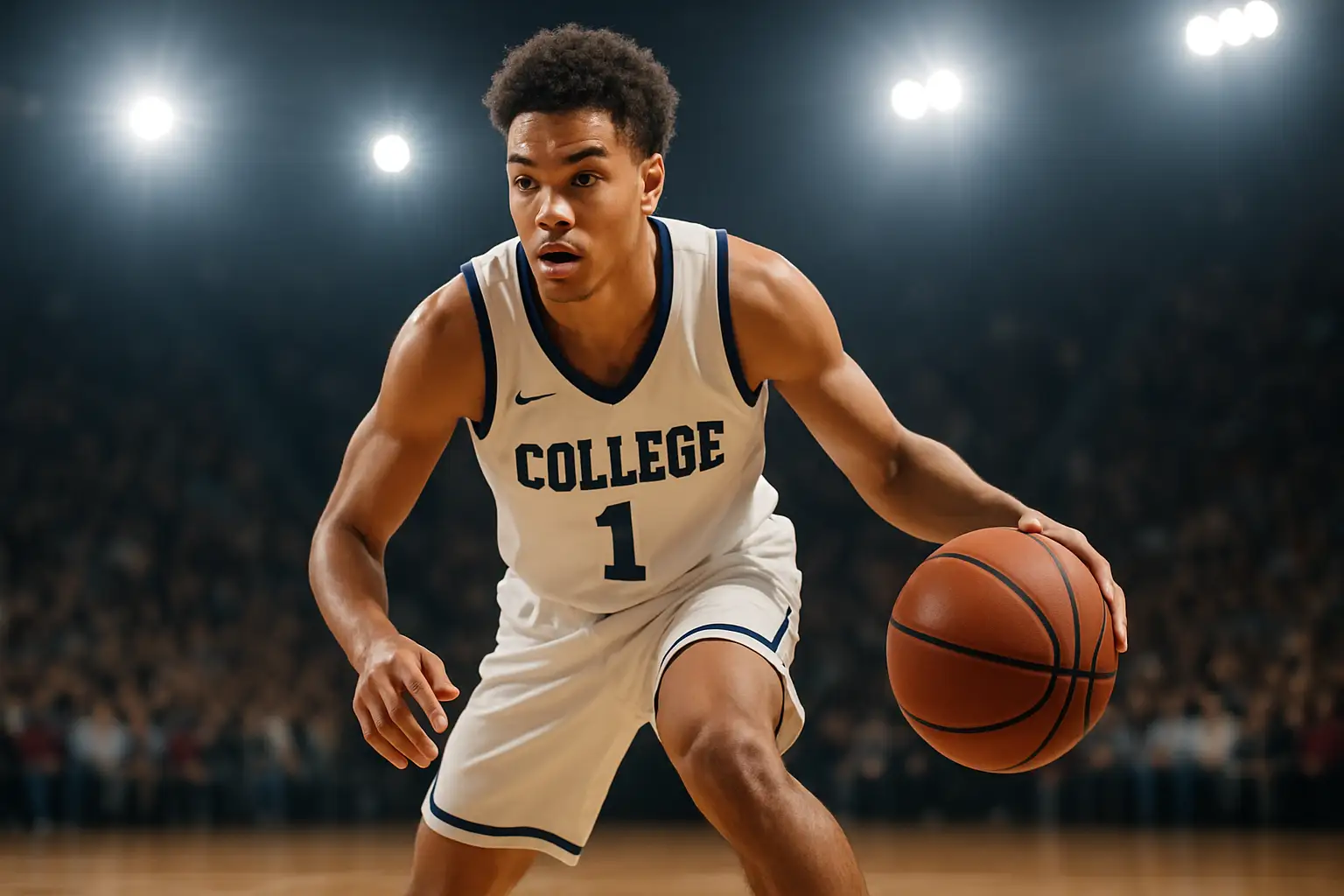 A college basketball point guard dribbling through defenders during a game