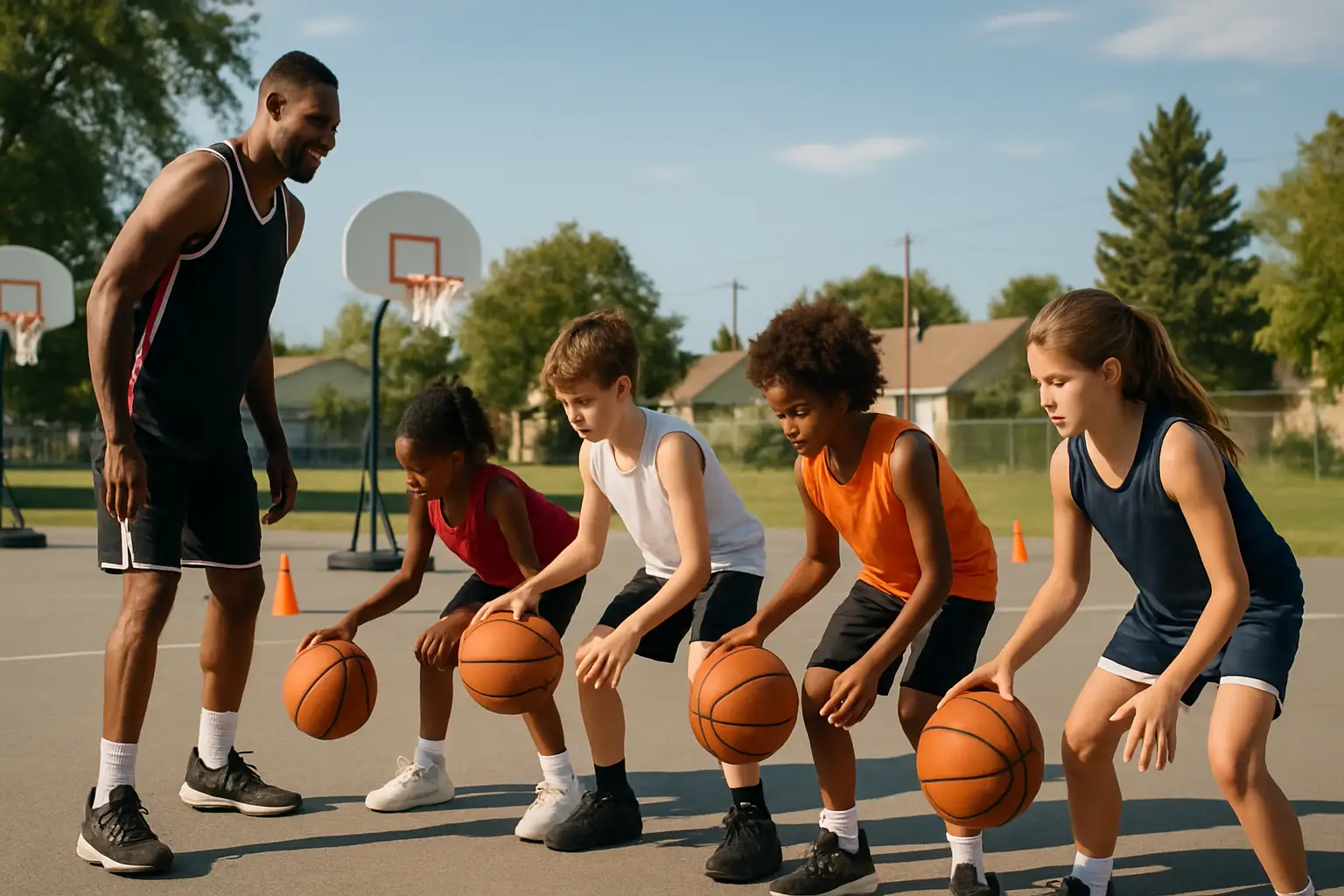 Young basketball players practicing drills at an outdoor youth camp with a coach demonstrating footwork