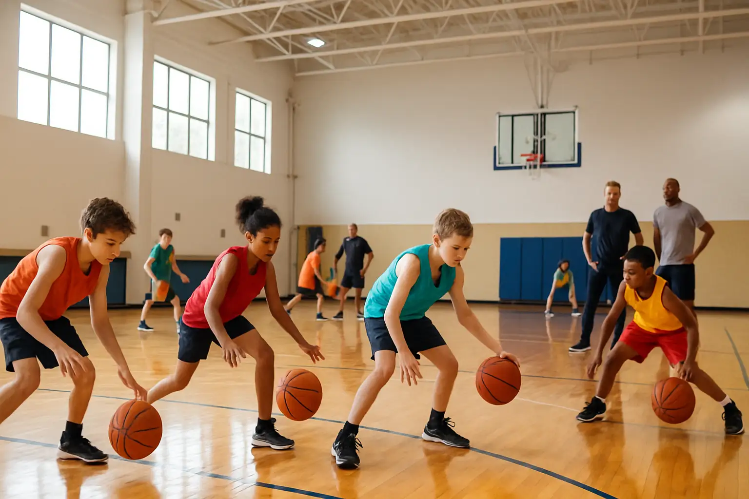 Young basketball players practicing drills on an indoor high school court