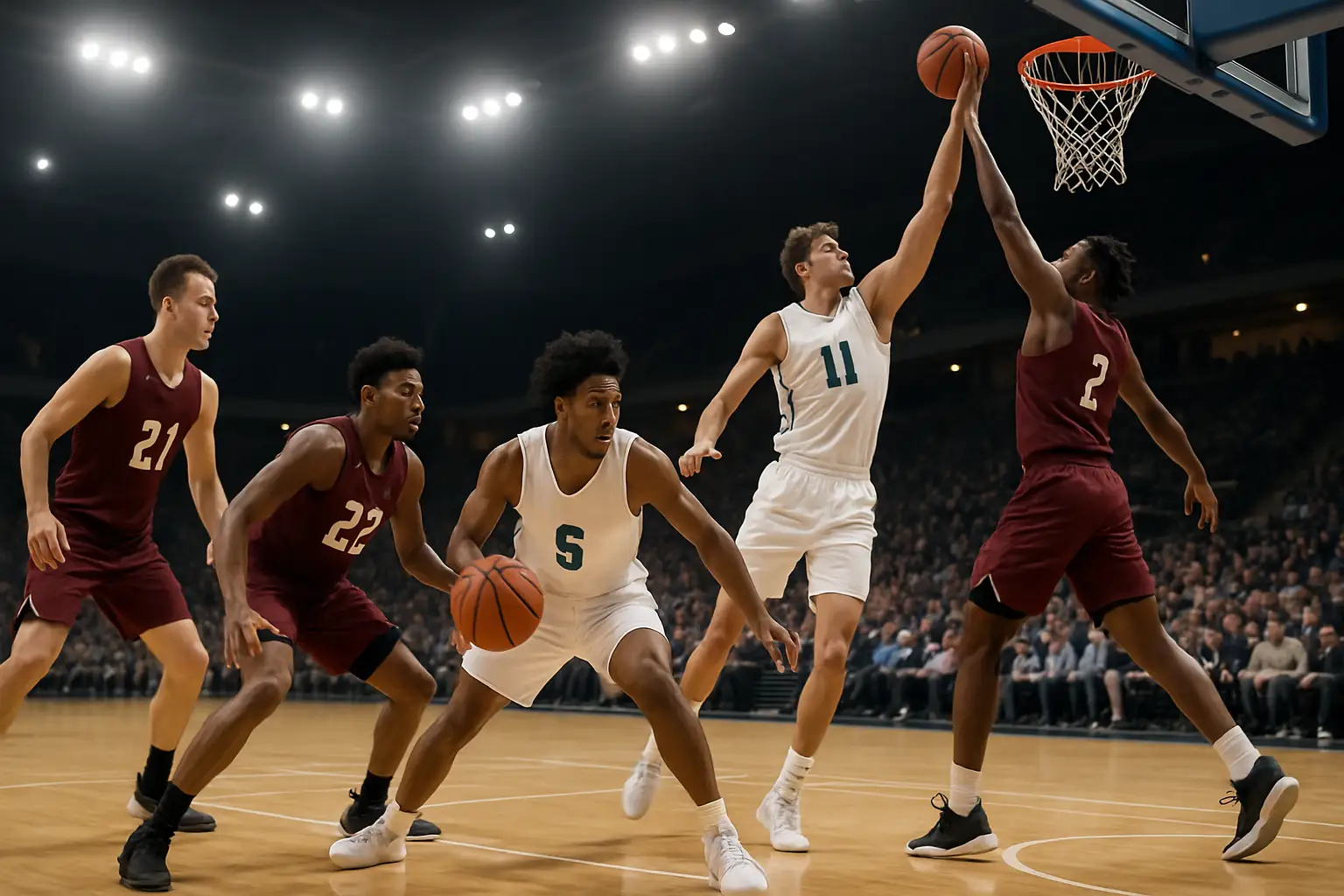 University basketball players competing in a preseason game in an indoor arena