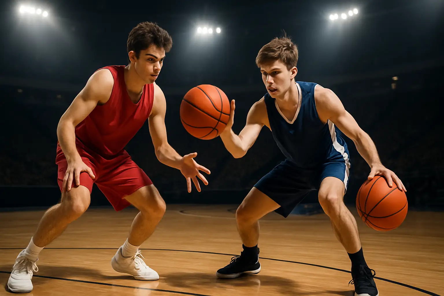 Two high school basketball players on a court during an all-star game warm-up