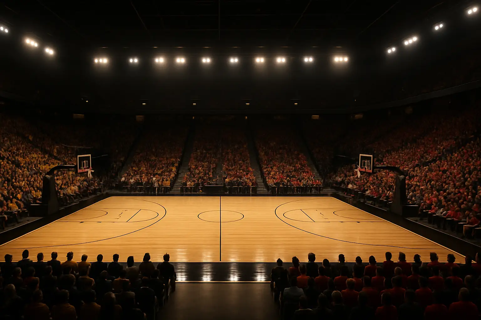 Basketball court at a large indoor arena set up for a rivalry game between two college teams