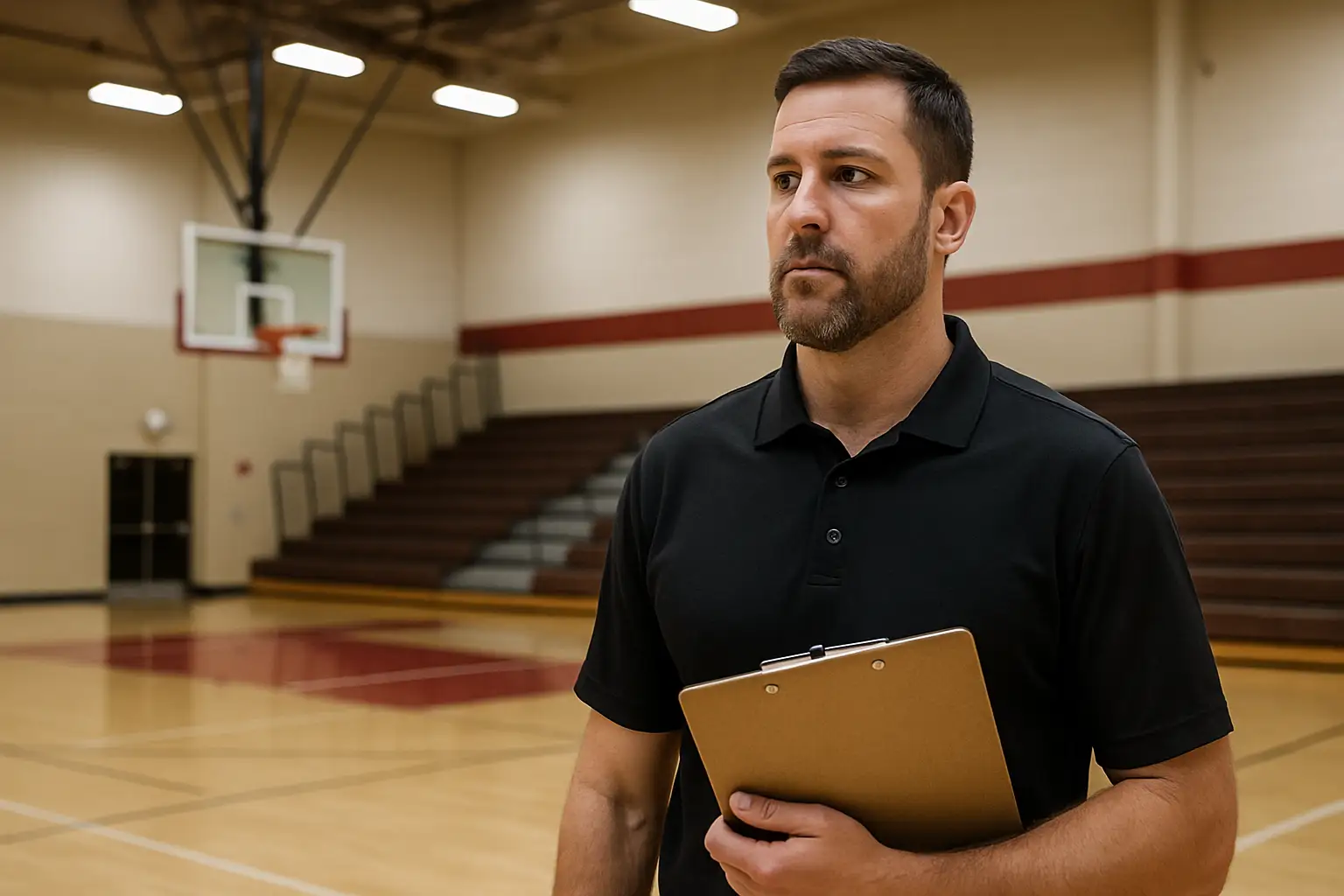 A basketball coach standing at the edge of a court, holding a clipboard and looking toward the court