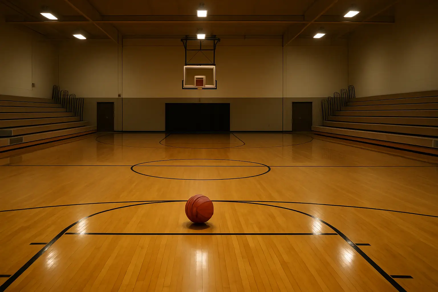 Empty high school basketball gym with hardwood court and bleachers