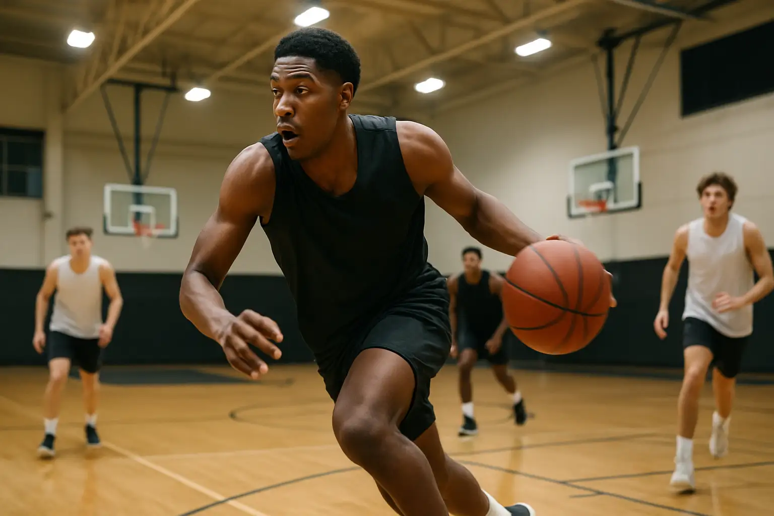 Iowa Hawkeyes basketball player practicing on an indoor court during a team scrimmage