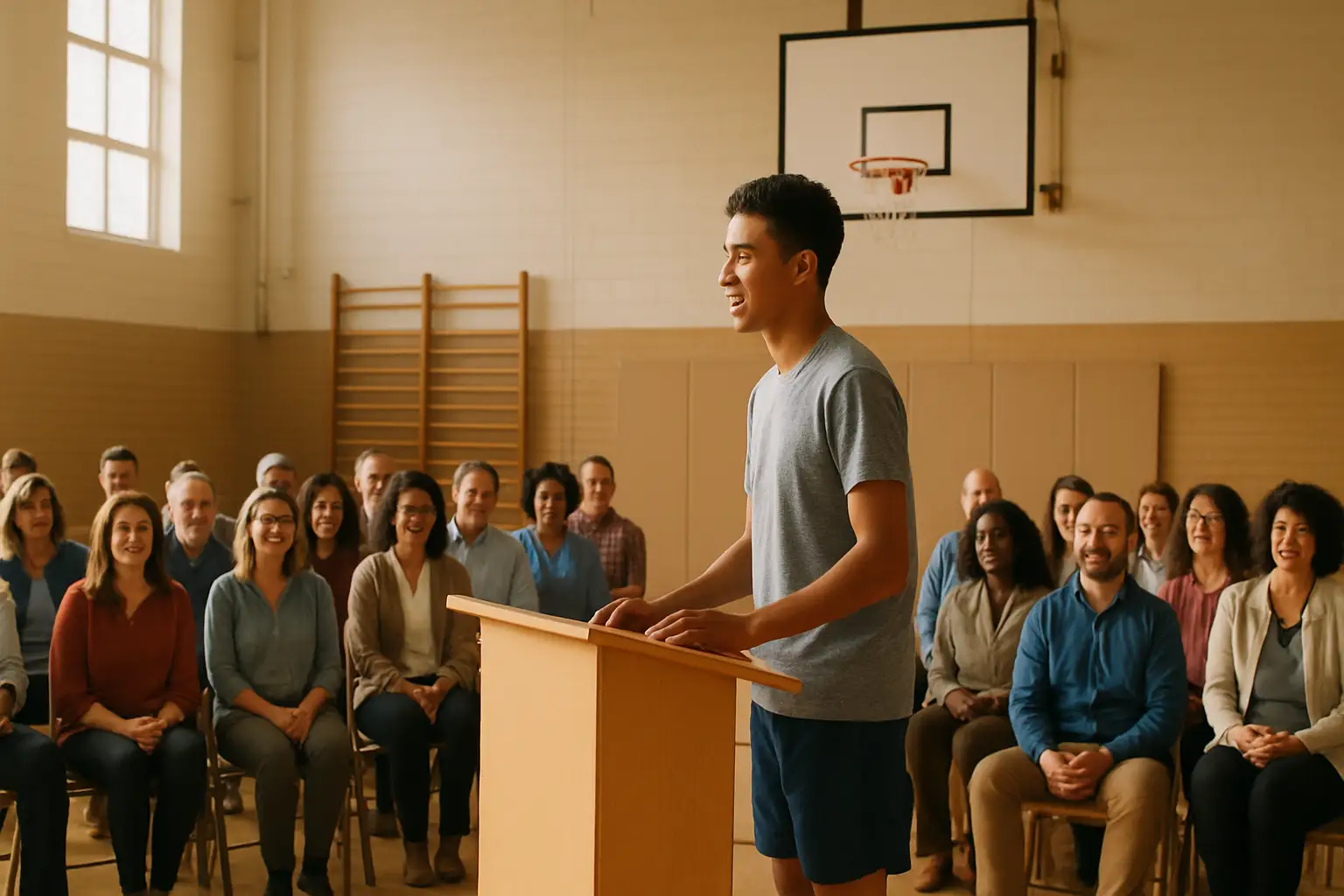 A college basketball player speaking to a seated audience in a school gymnasium or auditorium setting