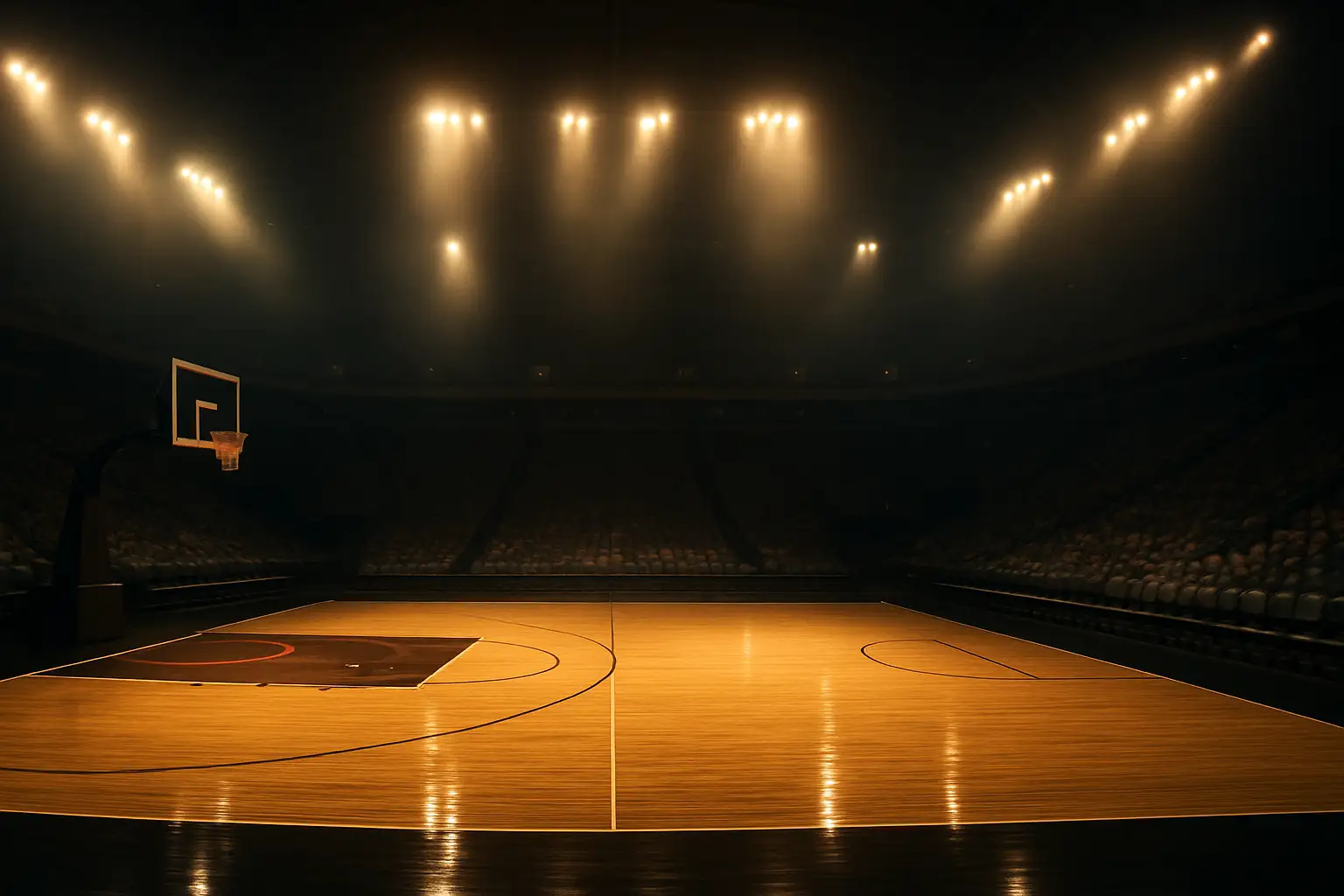 A basketball court with arena lights illuminating the floor before a playoff game