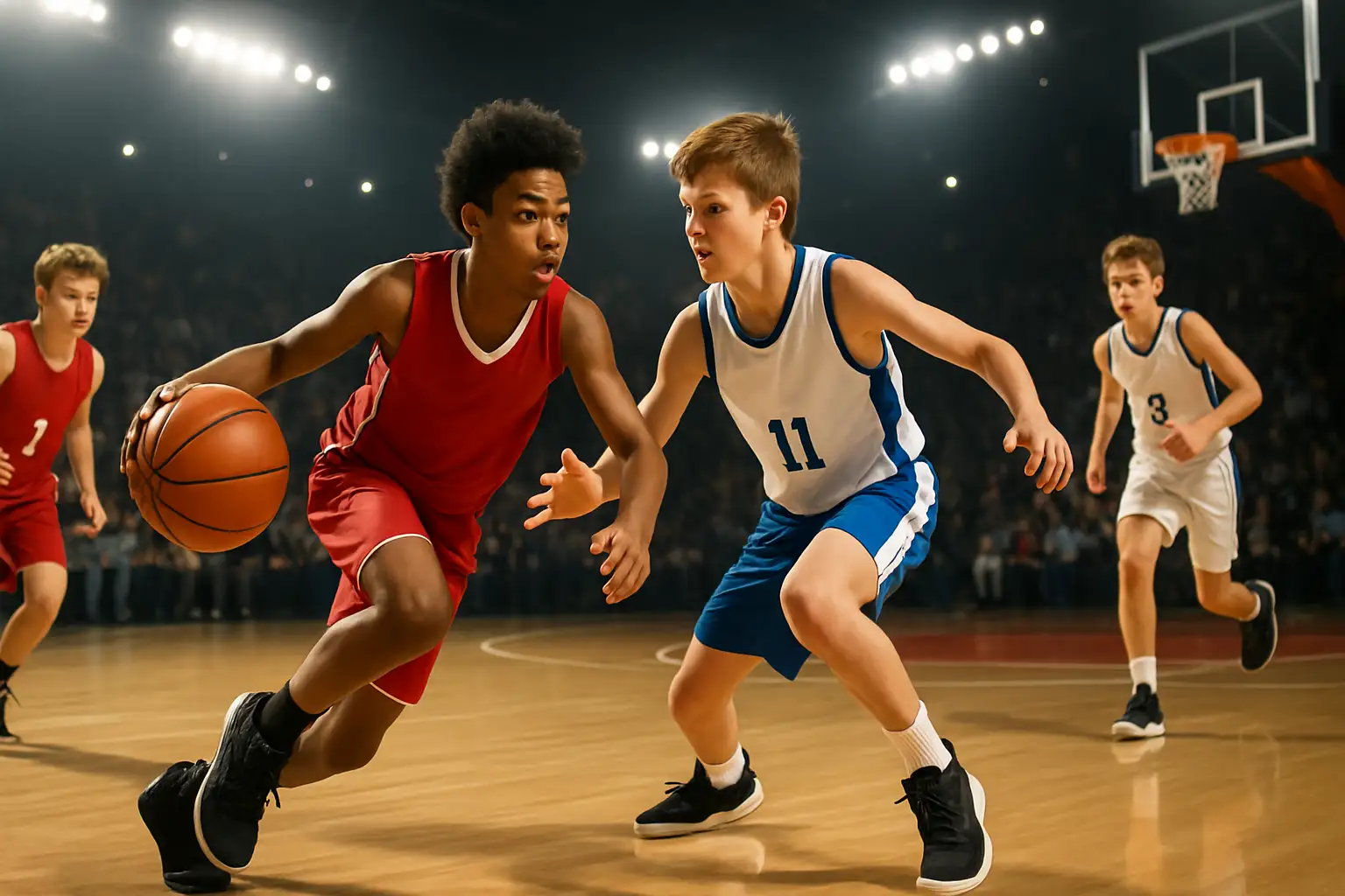 Young basketball players competing in a gymnasium during a high school tournament