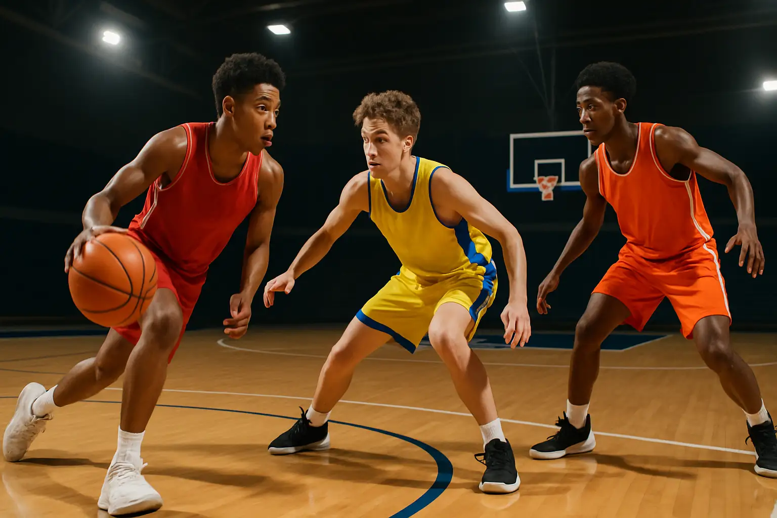 Young basketball players competing in a gymnasium during a high school tournament