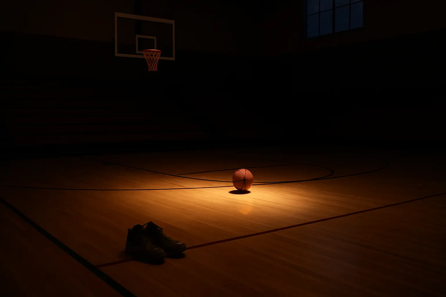 An empty college basketball court with a single spotlight illuminating the center circle, evoking a moment of remembrance and reflection