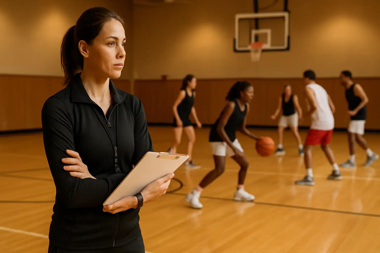 A basketball coach standing courtside at an indoor university gym during practice