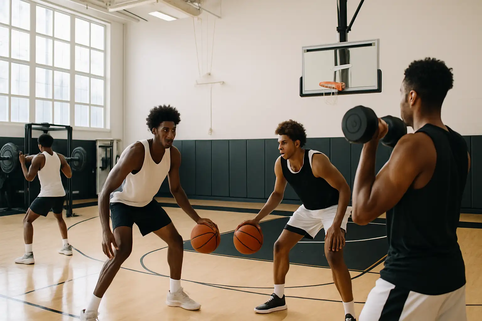 UConn Huskies basketball players working out in a gym during summer training