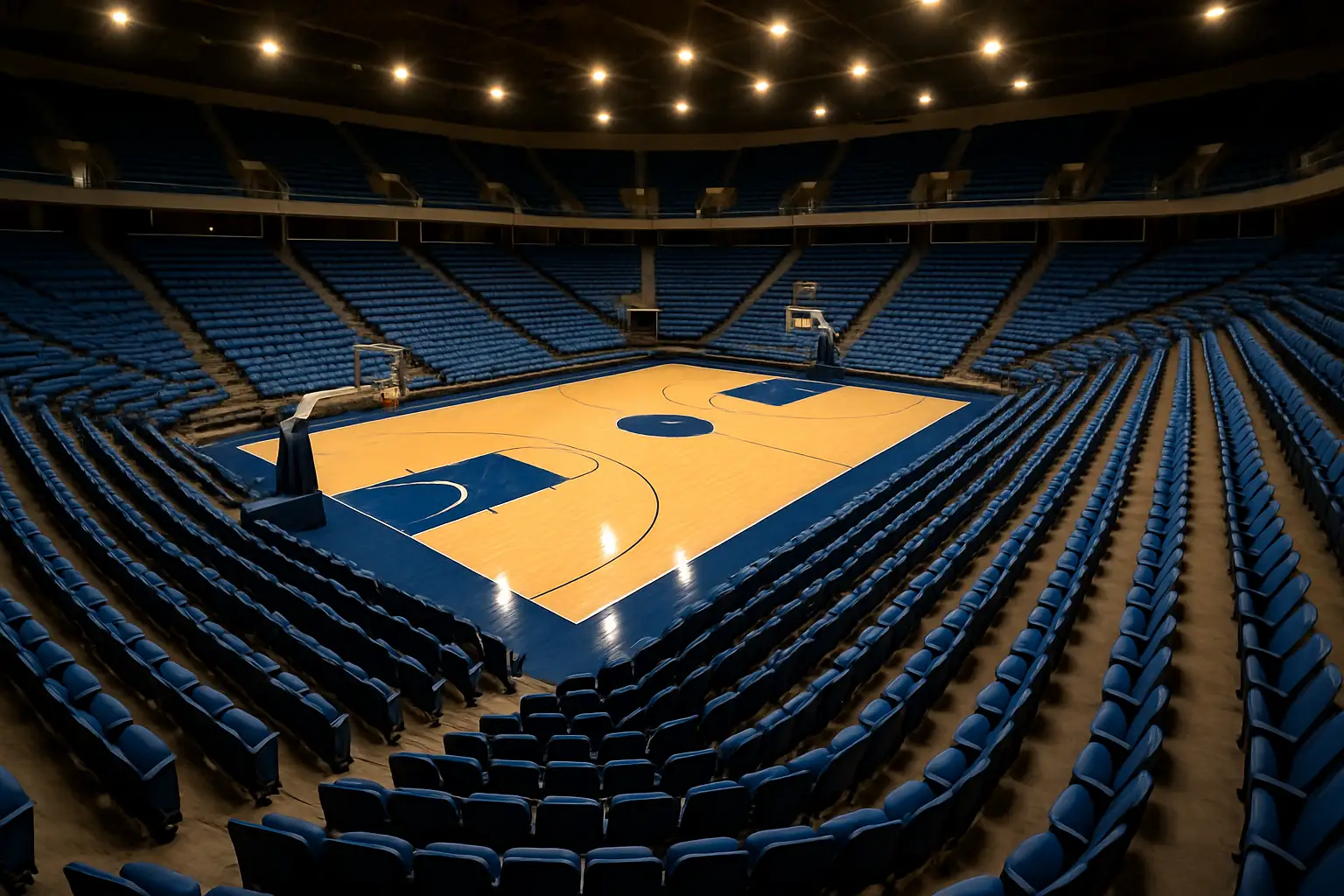 Empty basketball arena seats viewed from above with court visible below