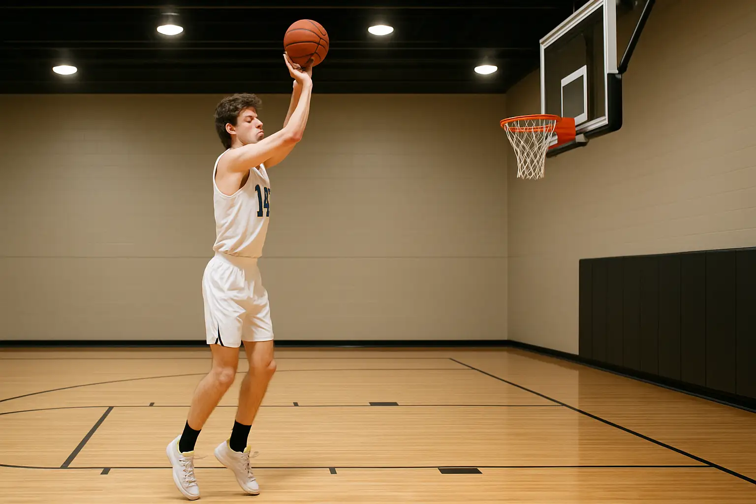 A basketball player shooting a jump shot in a college gym with empty bleachers in the background