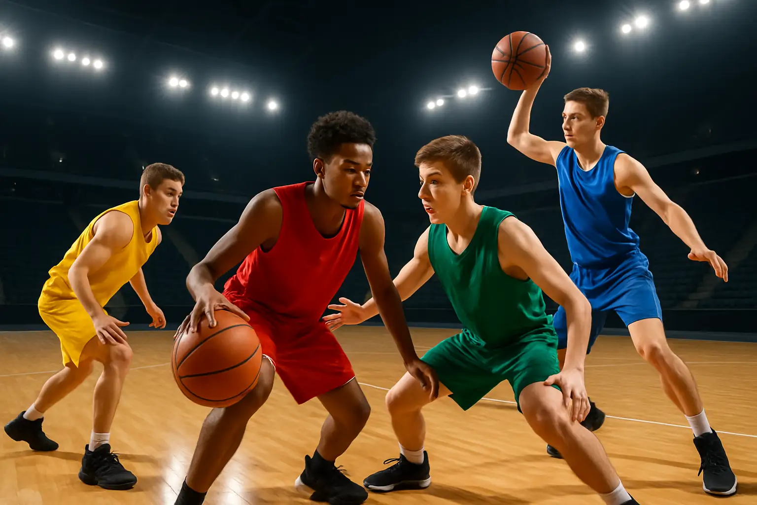 High school basketball players competing in a Texas gymnasium during a playoff game