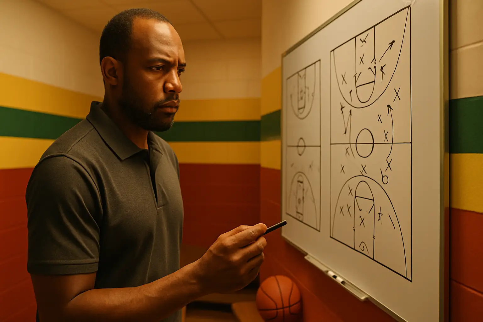 A basketball coach drawing up plays on a whiteboard in a team locker room with national flags in the background