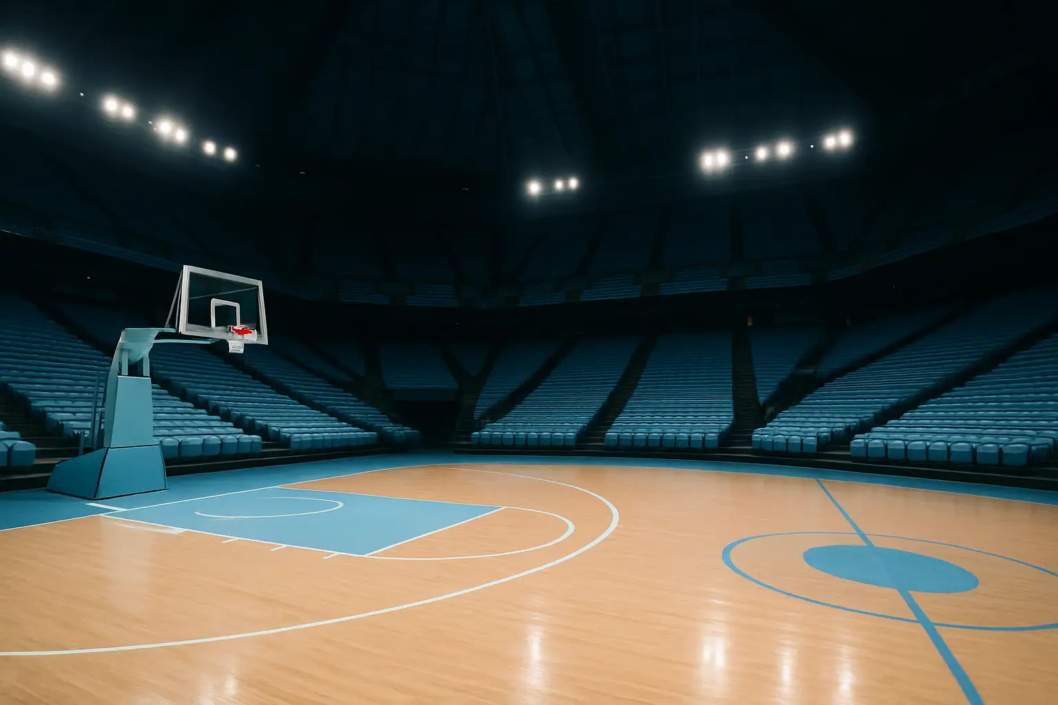UNC Tar Heels basketball court with team colors and ACC conference branding in an arena setting