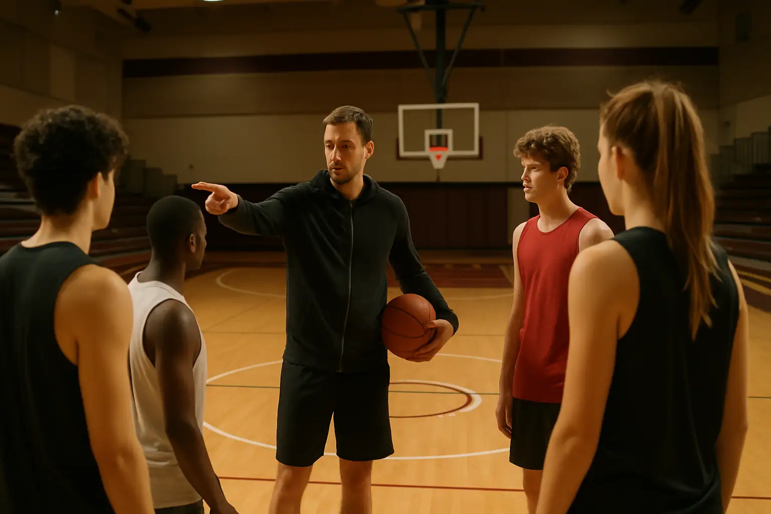 A college basketball coach addresses players during an indoor practice session