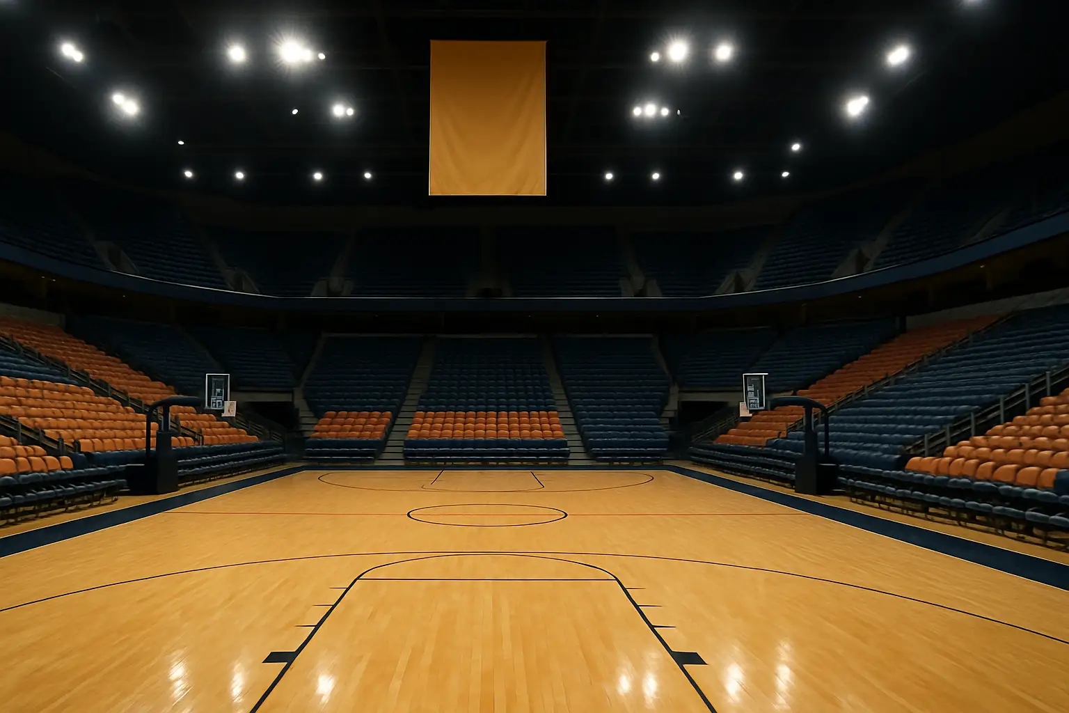 Basketball court with a conference banner hanging in a college arena before tip-off