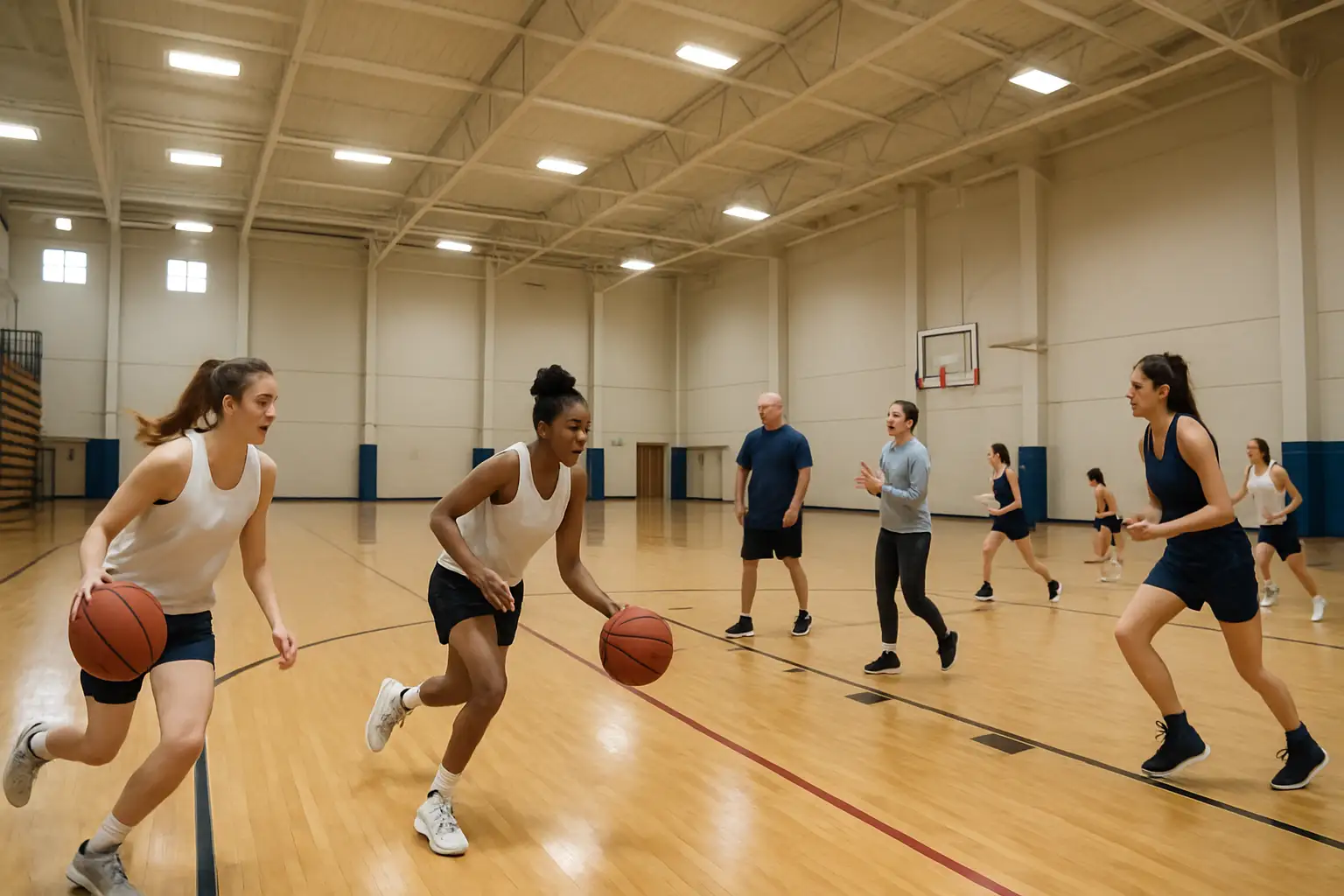 Basketball players practicing drills on an indoor college court during a training camp