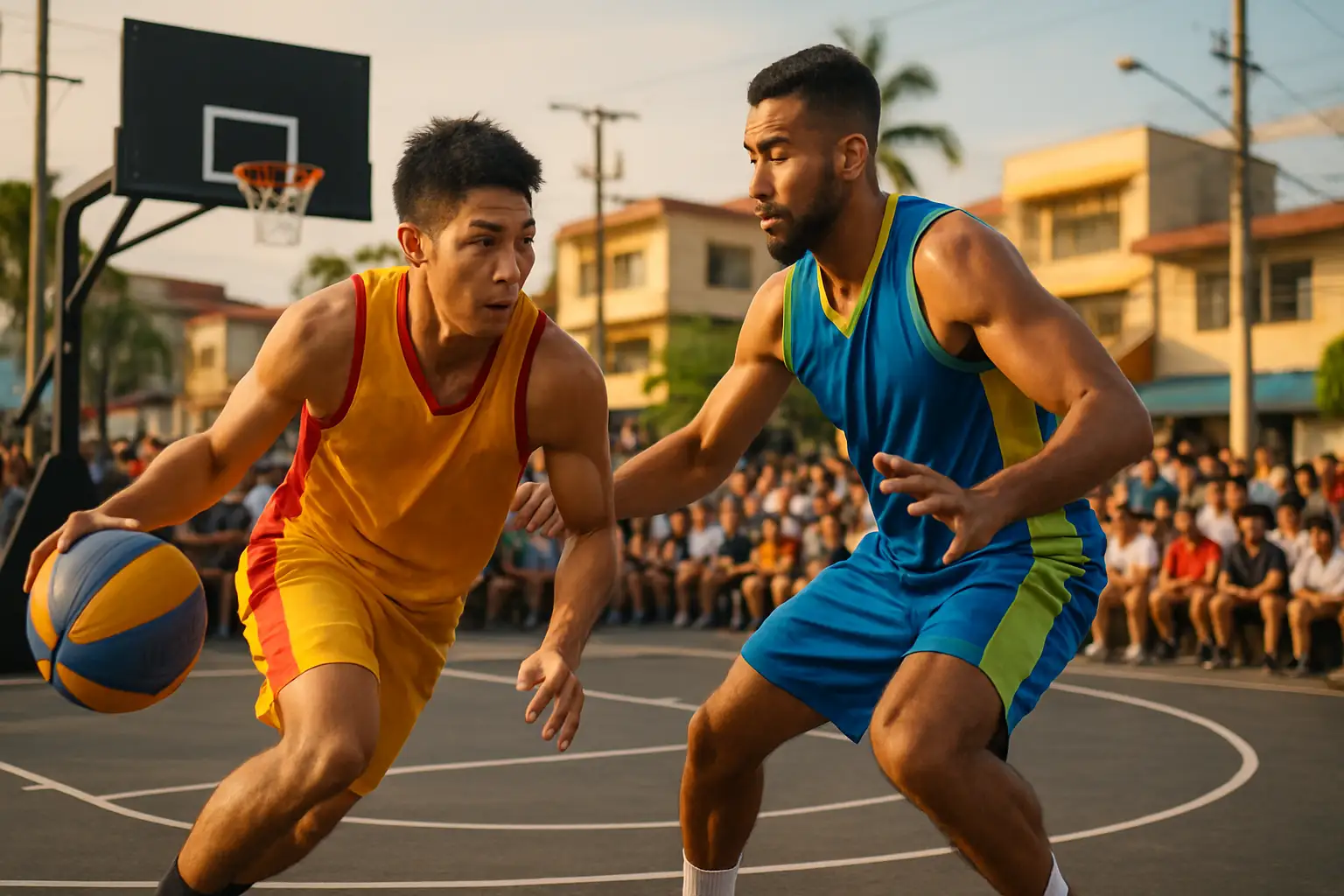 Two 3x3 basketball players competing on an outdoor half-court during a Philippine tournament