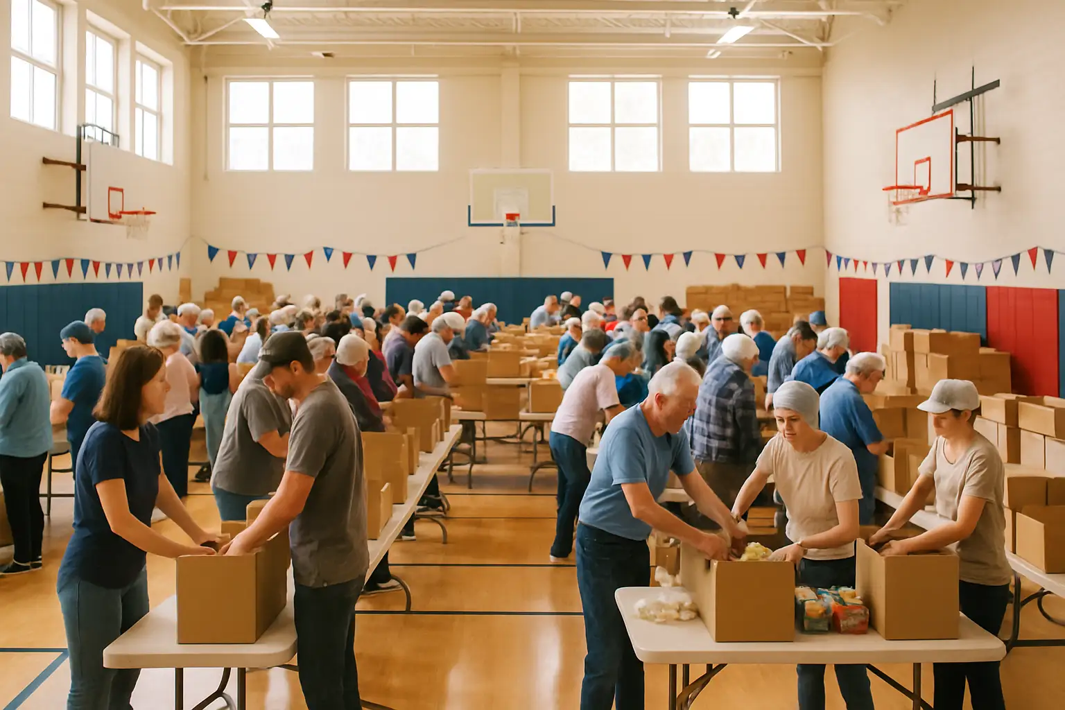 Volunteers at a basketball tournament packaging meals for a hunger-relief drive on July 4