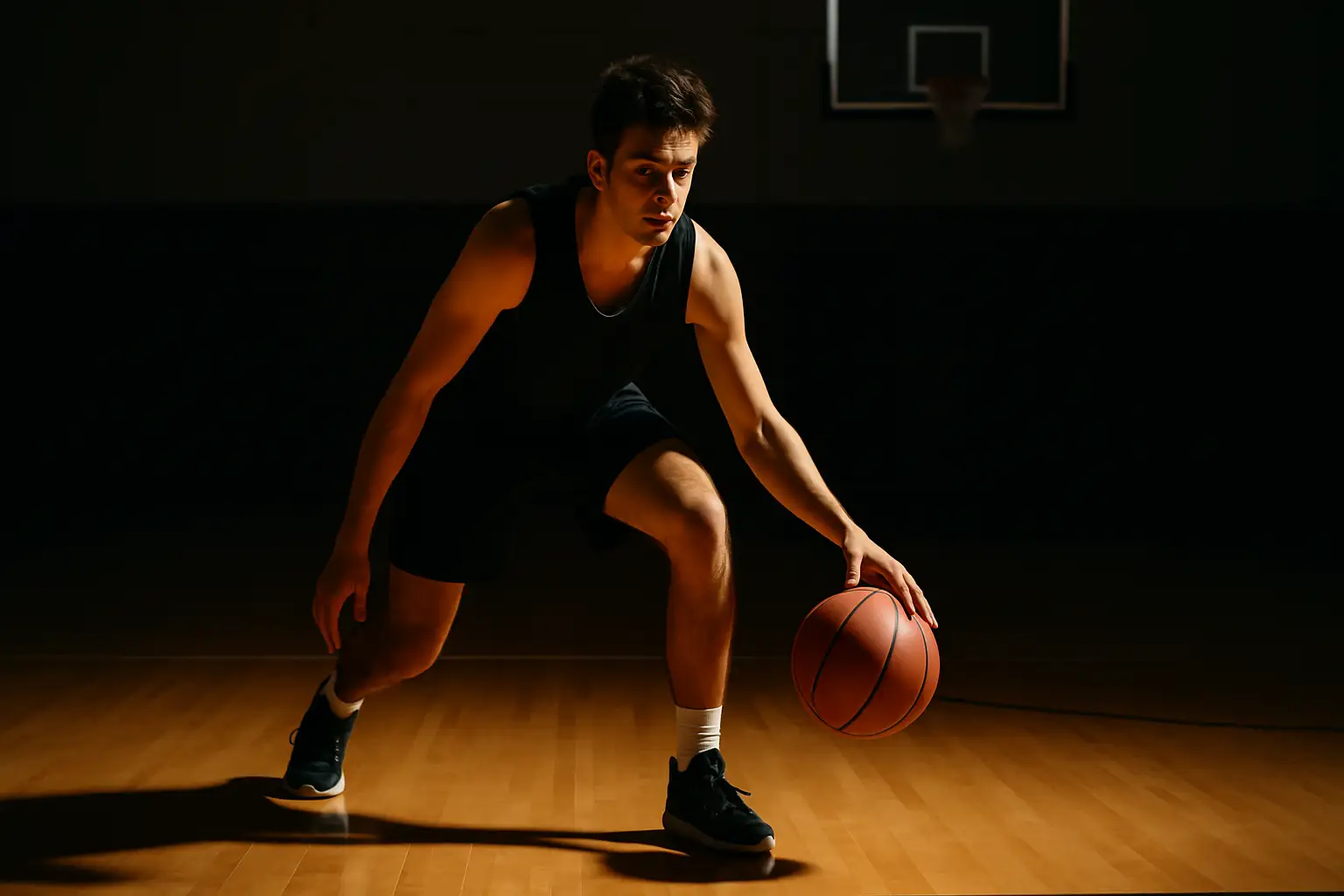 A college basketball guard dribbling on an indoor hardwood court during practice