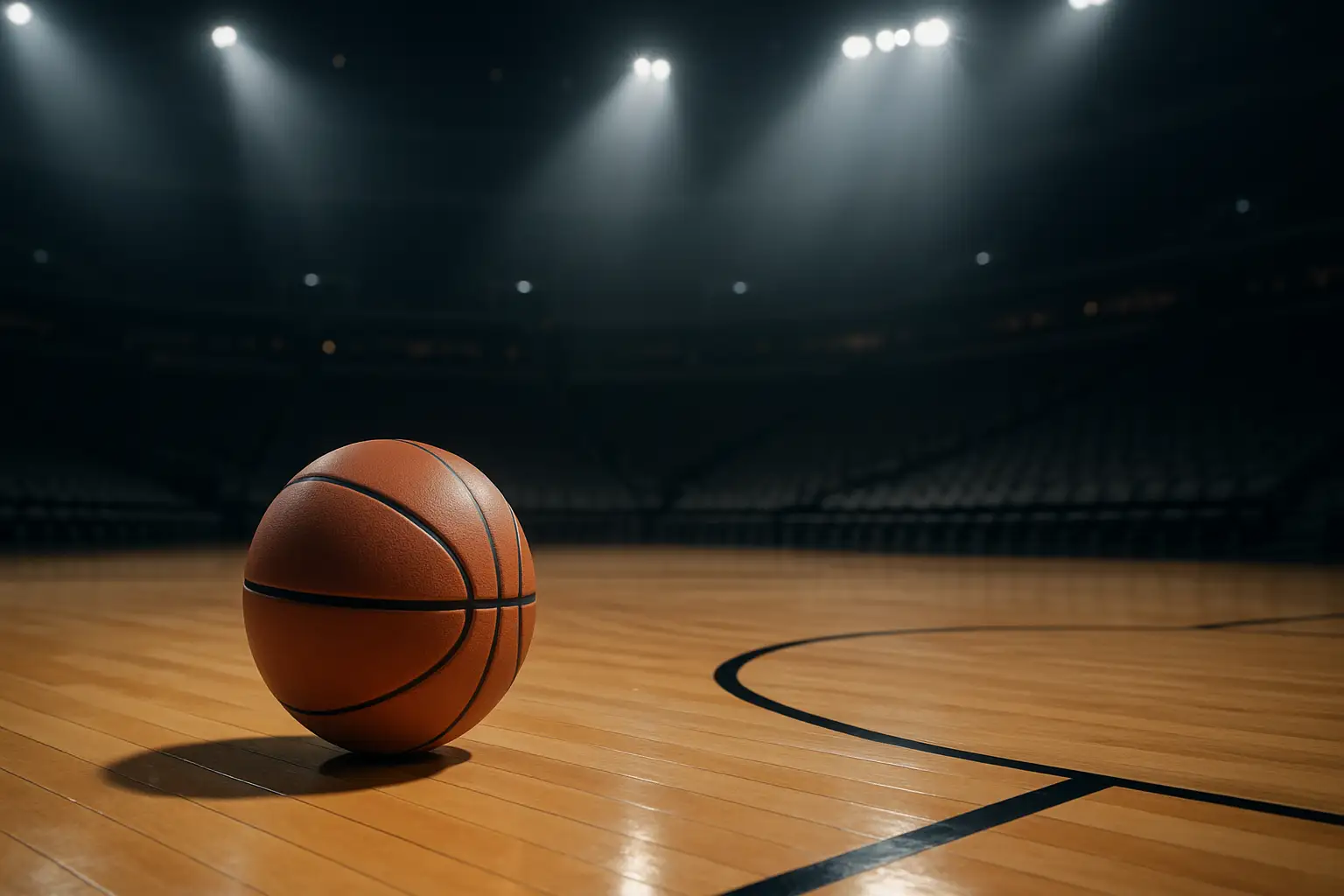 A basketball on a hardwood court near the three-point line under arena lighting