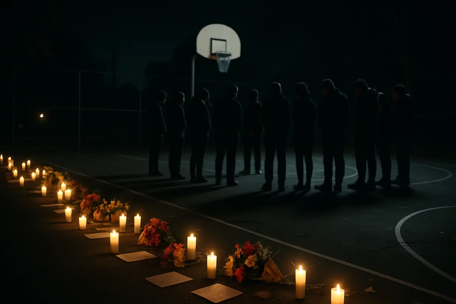 Candles and flowers laid on a basketball court at night during a community vigil