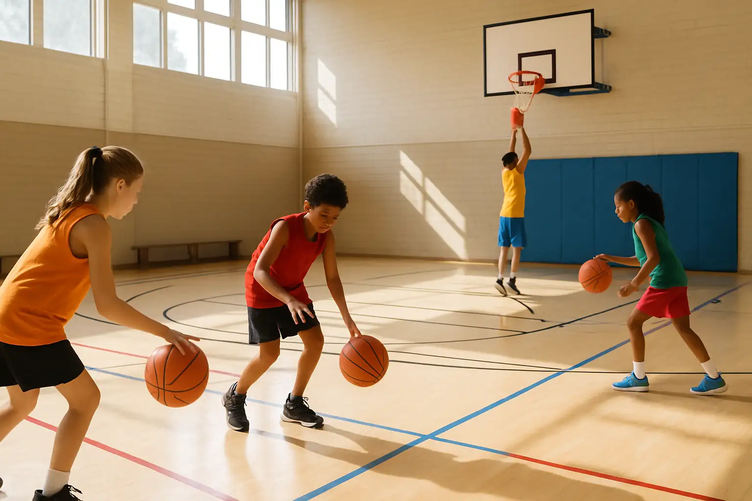 A youth basketball camp on an indoor court with young players practicing dribbling drills