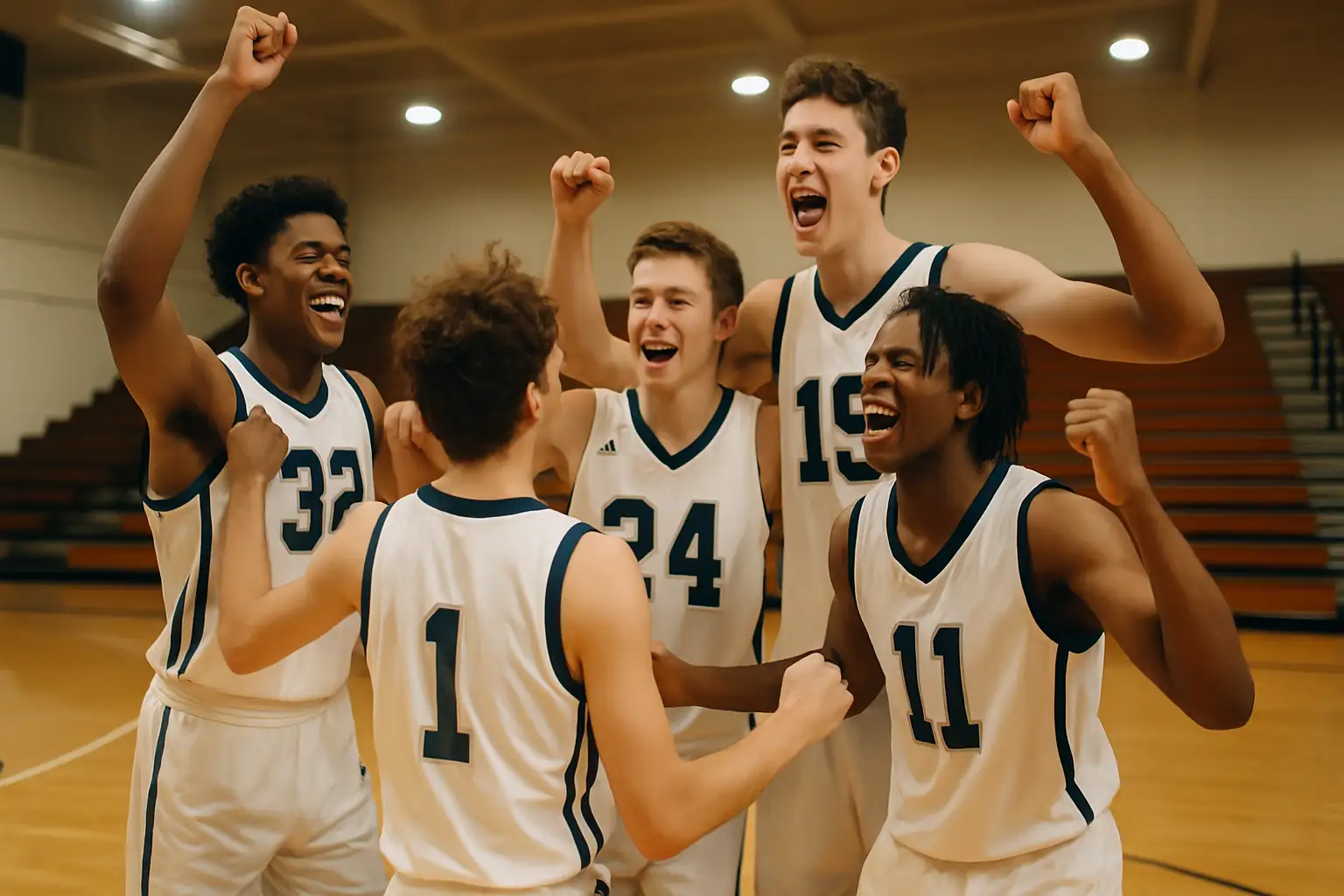 High school basketball players celebrating on a gymnasium court after a winning season