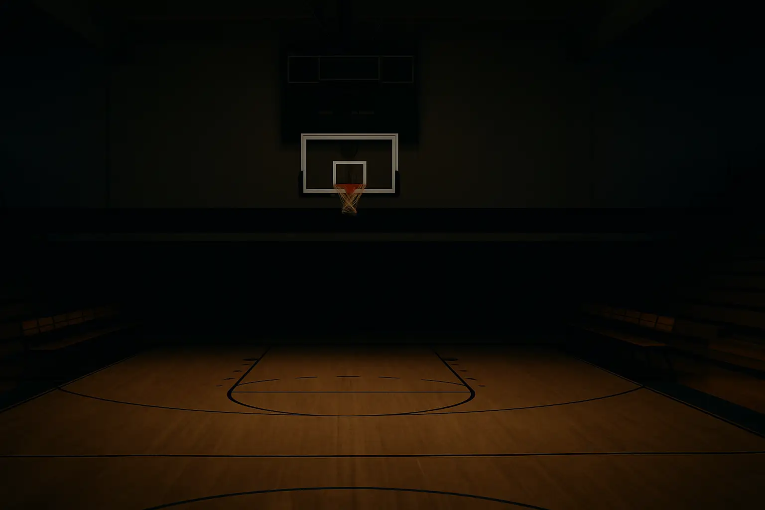Empty college basketball court with dim lighting and team benches visible on the sideline