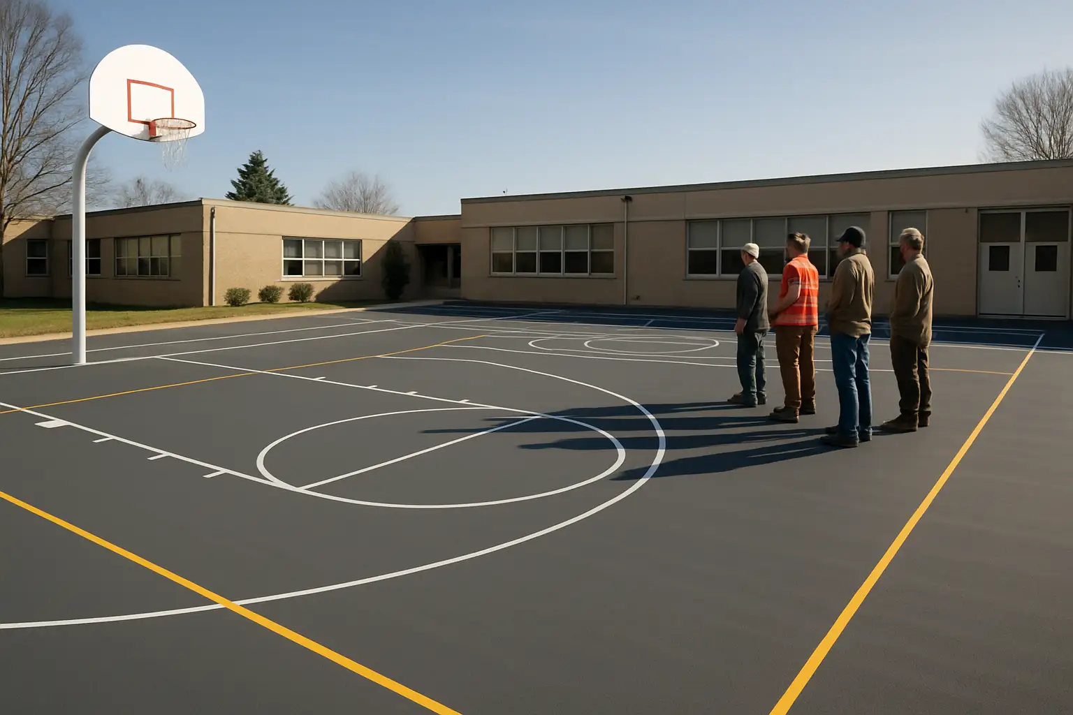 Freshly painted high school basketball court with new lines and updated hoops in a gym
