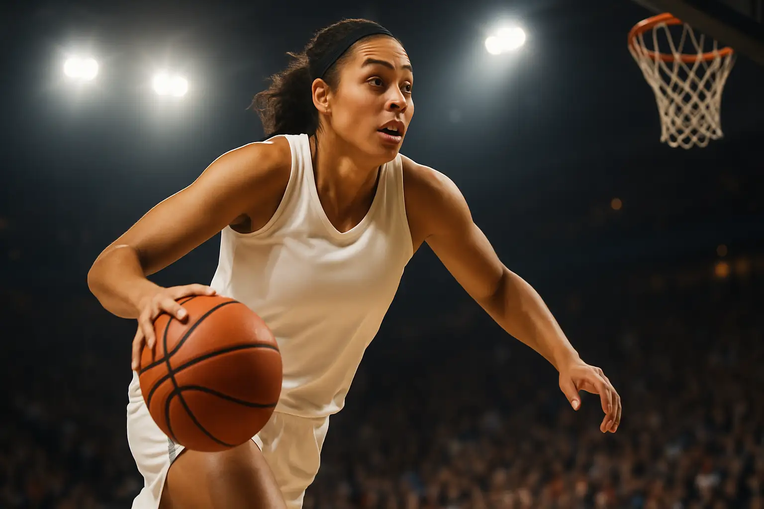 A women's college basketball player driving toward the basket in a packed arena