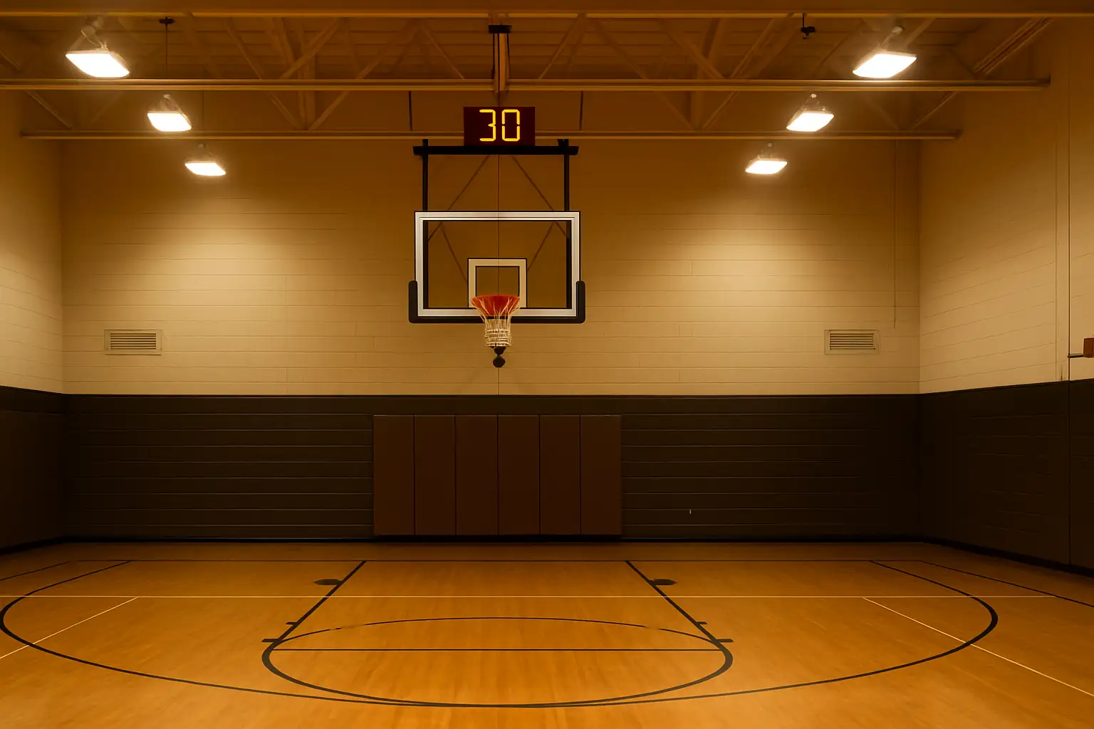 A basketball shot clock mounted above a high school gymnasium hoop