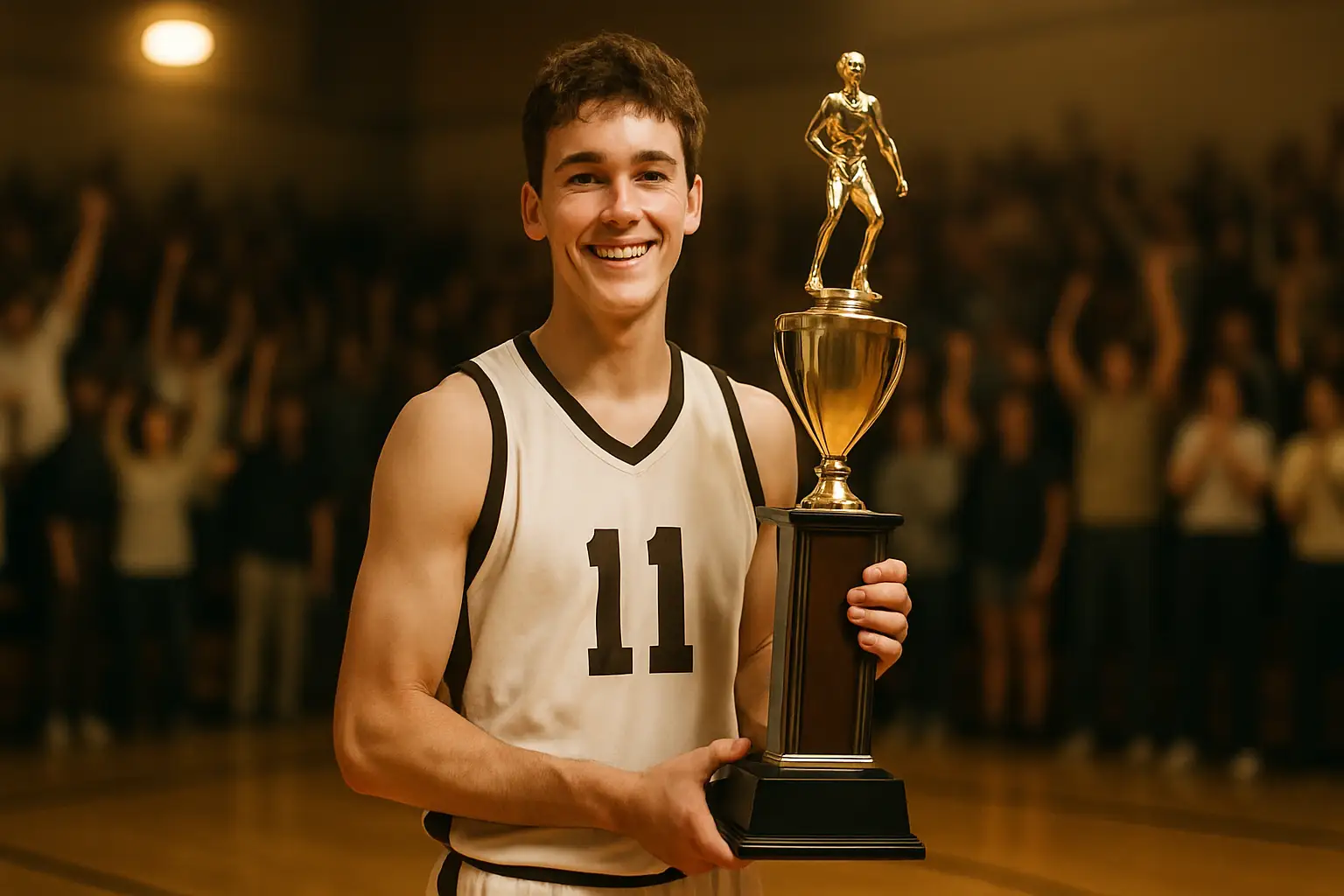 A basketball player holding a trophy on a college court with fans in the background