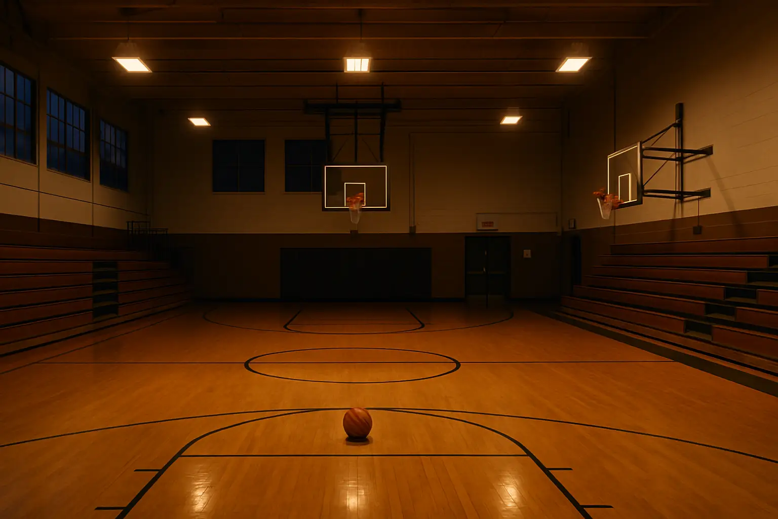 Empty high school basketball gymnasium with hardwood floor and bleachers, lit by overhead lights