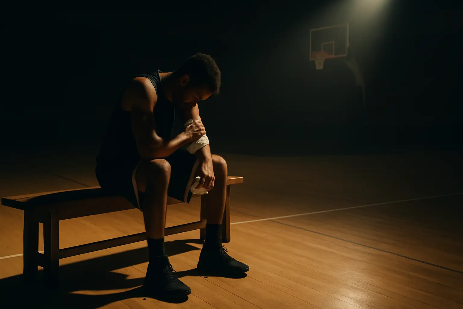 Basketball player sitting on a bench with an injury, indoor arena lighting overhead