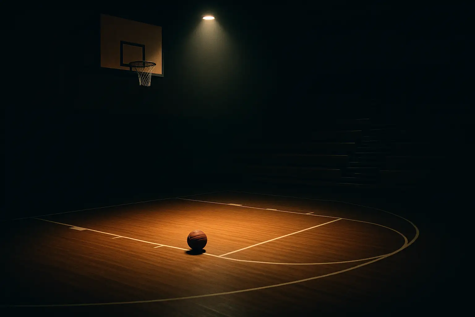 A basketball court at night with dim lighting, empty stands, and a single basketball resting at center court