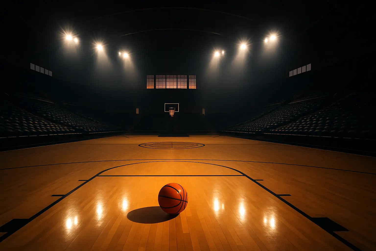 A basketball sitting at center court inside a college arena with team banners hanging from the rafters