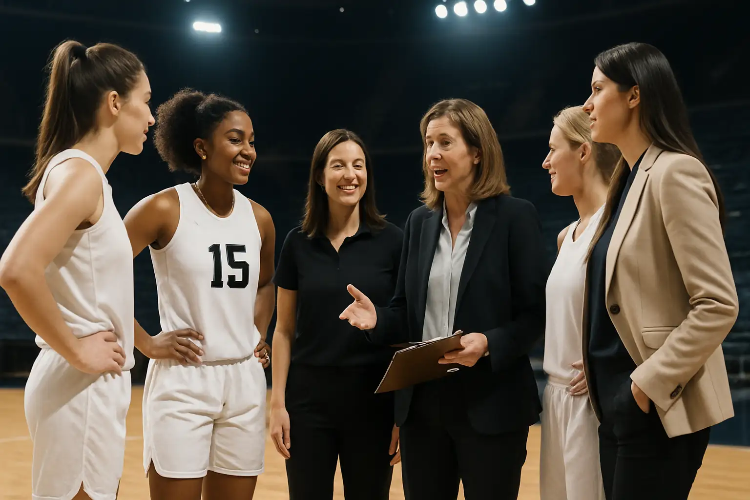 WNBA players and coaches gathered on a basketball court discussing concerns