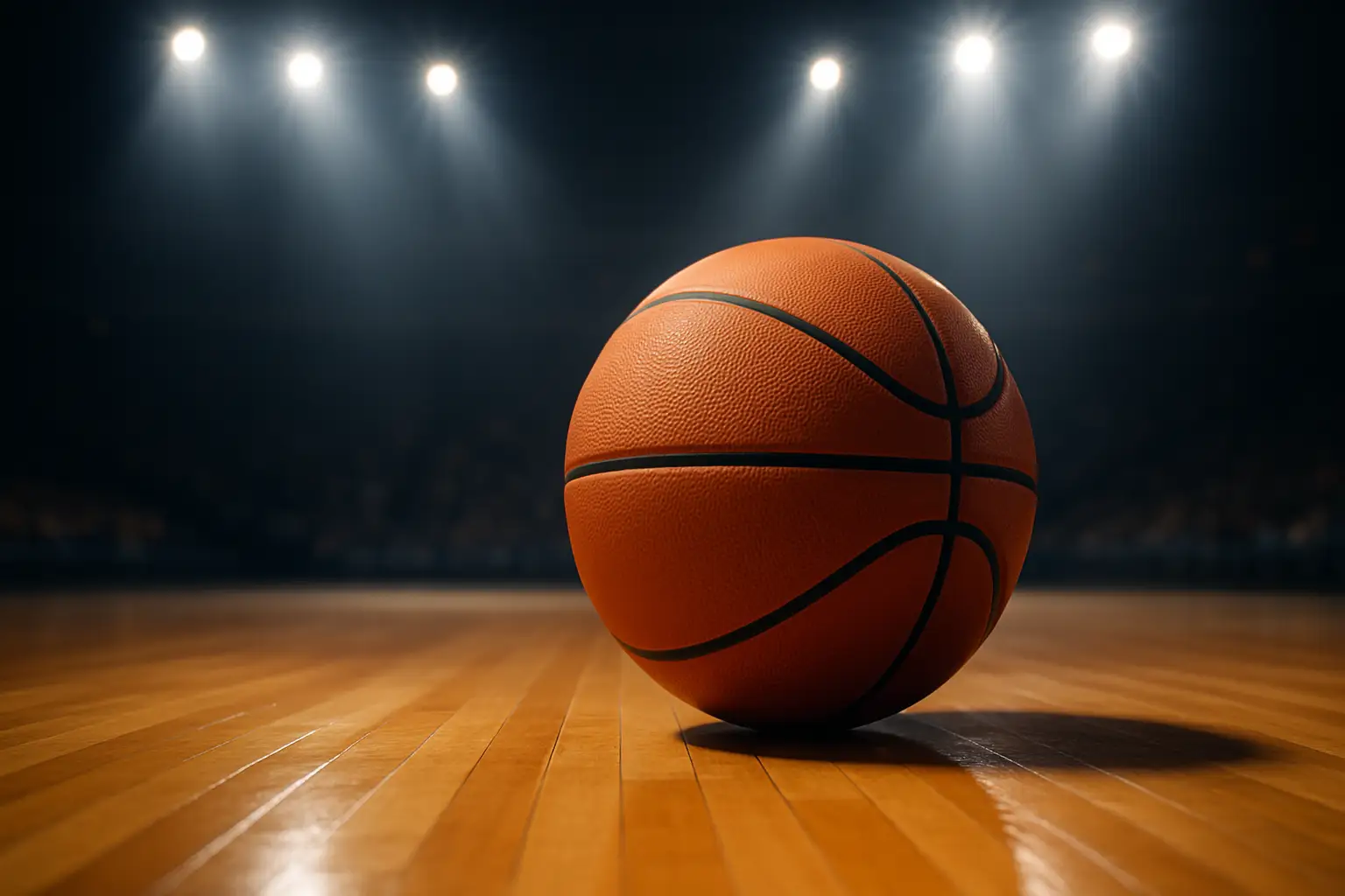 A basketball sitting alone on a hardwood court under bright arena lights