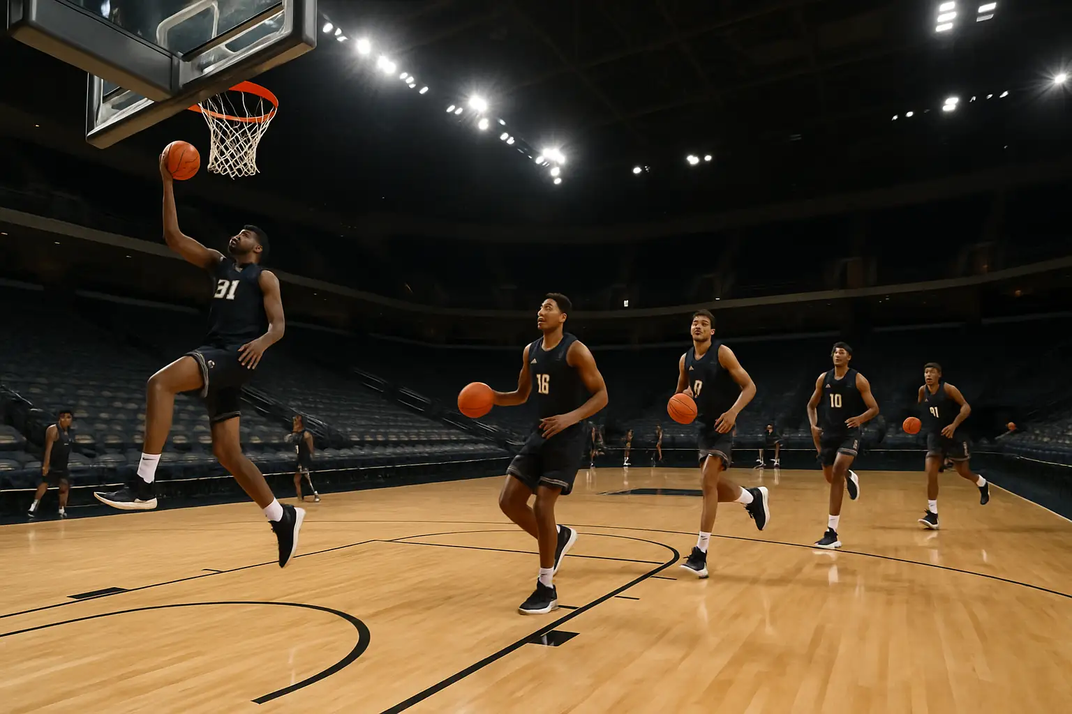 Wofford Terriers basketball players warming up on a college court